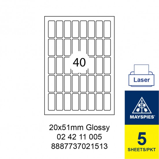 MAYSPIES 02 42 11 005 PREMIUM COLOR LASER LABEL / 5 SHEETS/PKT WHITE GLOSSY 20X51MM